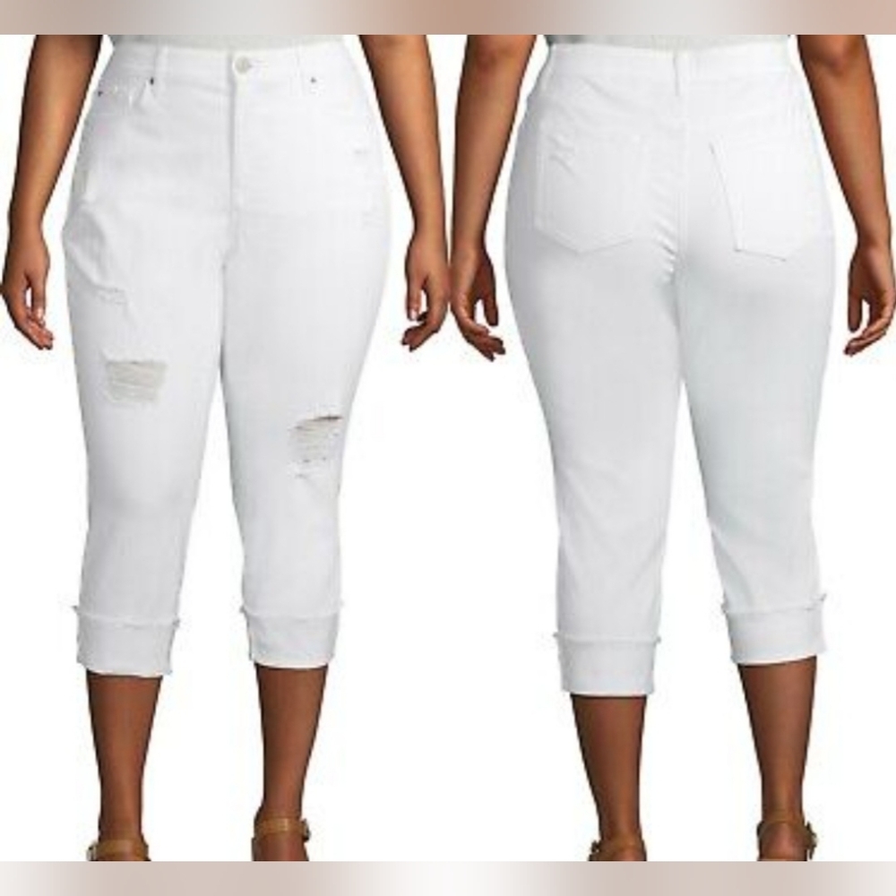 White 18W Terra & Sky Distressed Capri Denim Jeans With Rolled Cuff